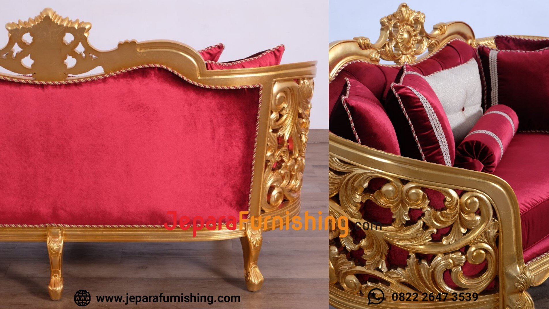 Detail Sofa Ruang Tamu Victoria Curved Golden Red
