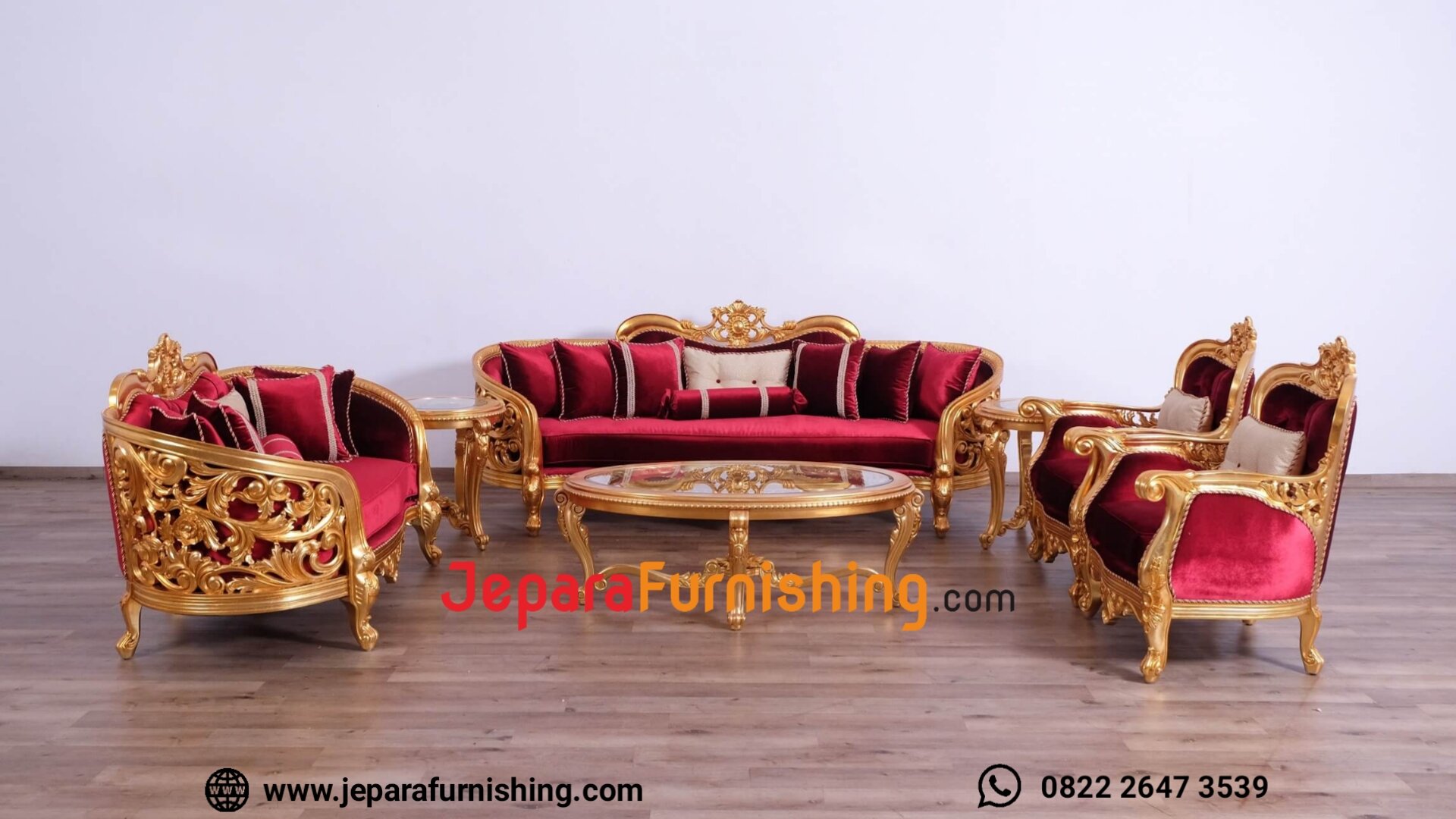 Kursi Tamu Sofa Mewah 7 Set Sofa Ruang Tamu Victoria Curved Golden Red