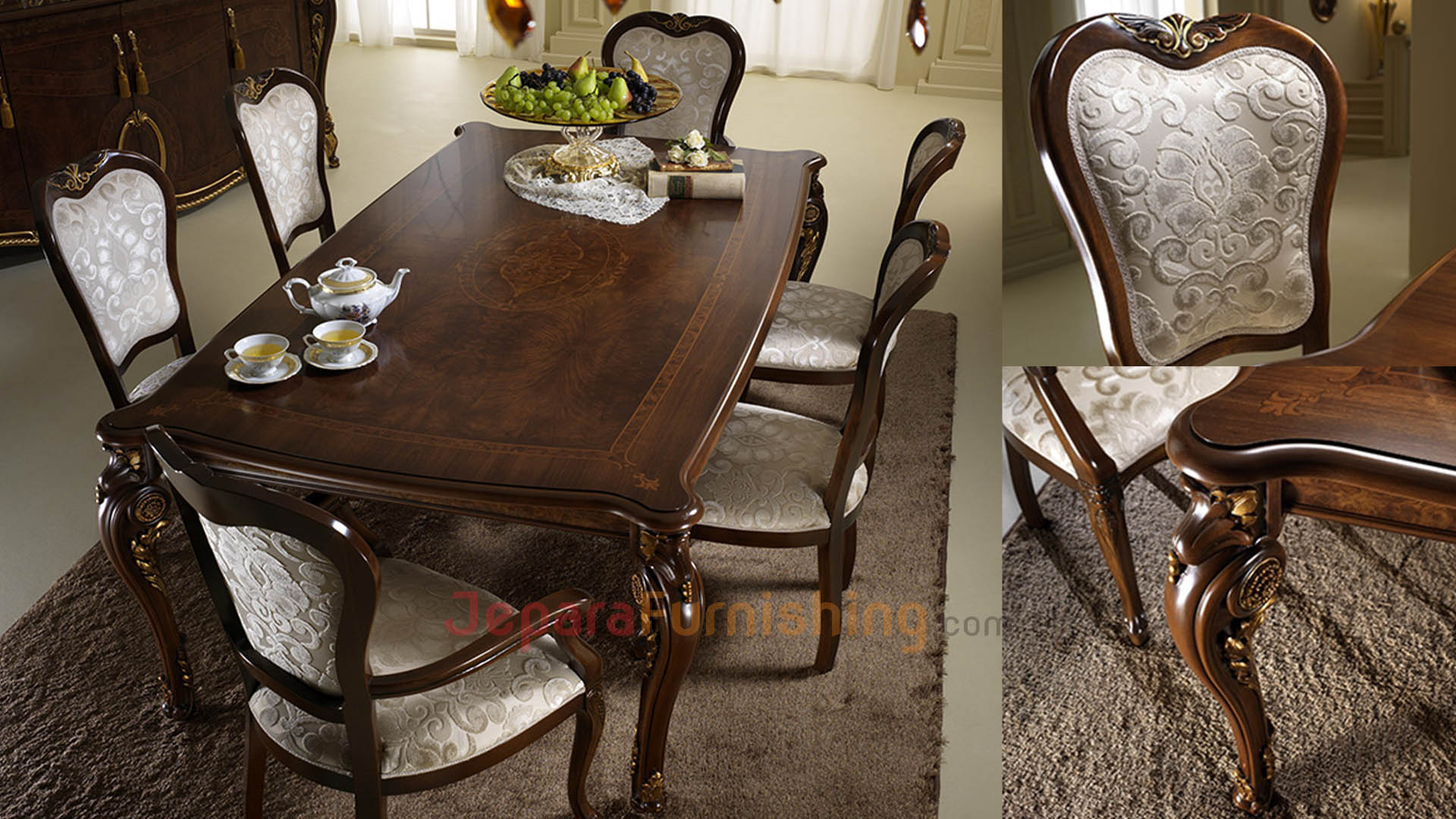Detail Set Meja 6 Kursi Makan Mewah Delisa Classic Kayu Jati