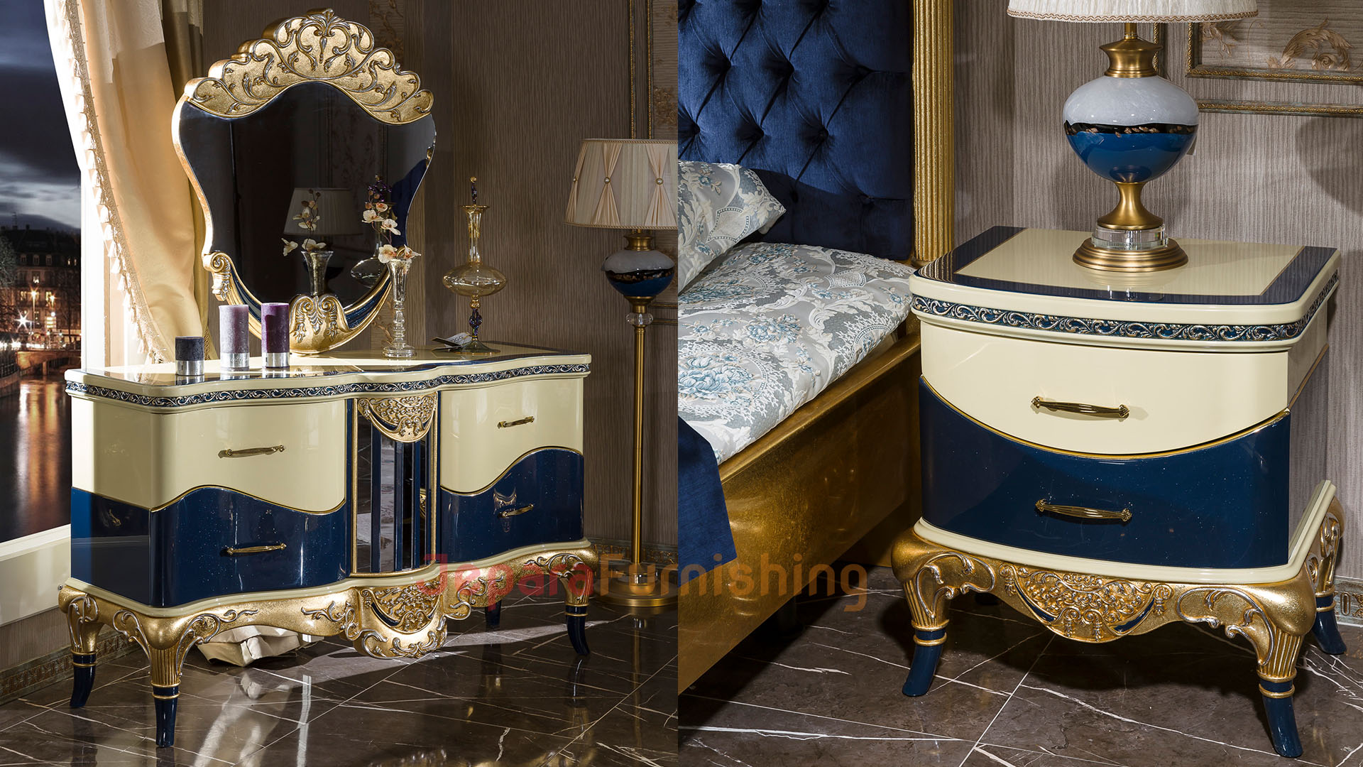 Dresser dan Nakas Set Tempat Tidur Mewah Viro Exclusive Classic - Blue Dresser dan Nakas Set Tempat Tidur Mewah Viro Exclusive Classic - Blue