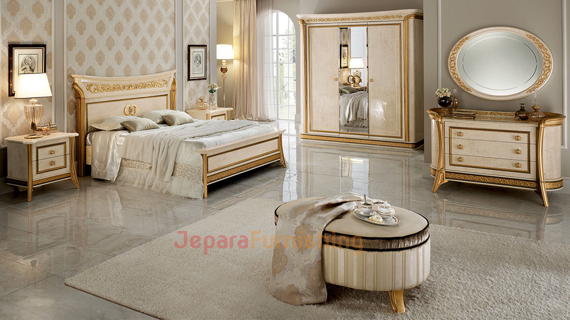 Set Tempat Tidur Mewah Classic 4 Kamar Set - Tempat Tidur Mewah Golden Scarf on White