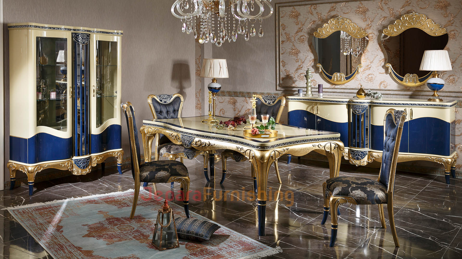 Meja Makan Mewah Viro Exclusive Classic Blue Set 6 Kursi