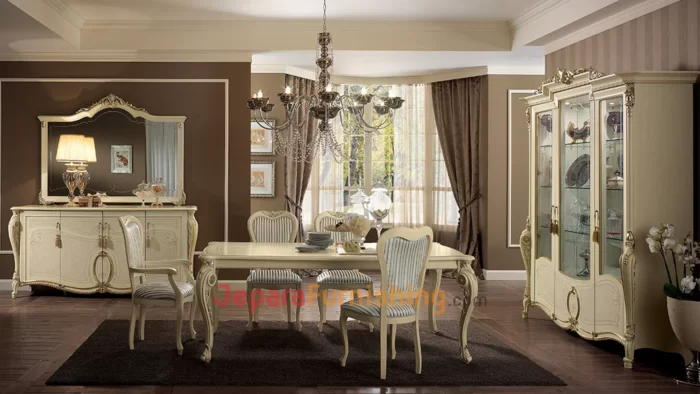 Furniture Jepara - JeparaFurnishing.com 134 Set Meja Kursi Makan Mewah Camonic Classic - Kayu Solid