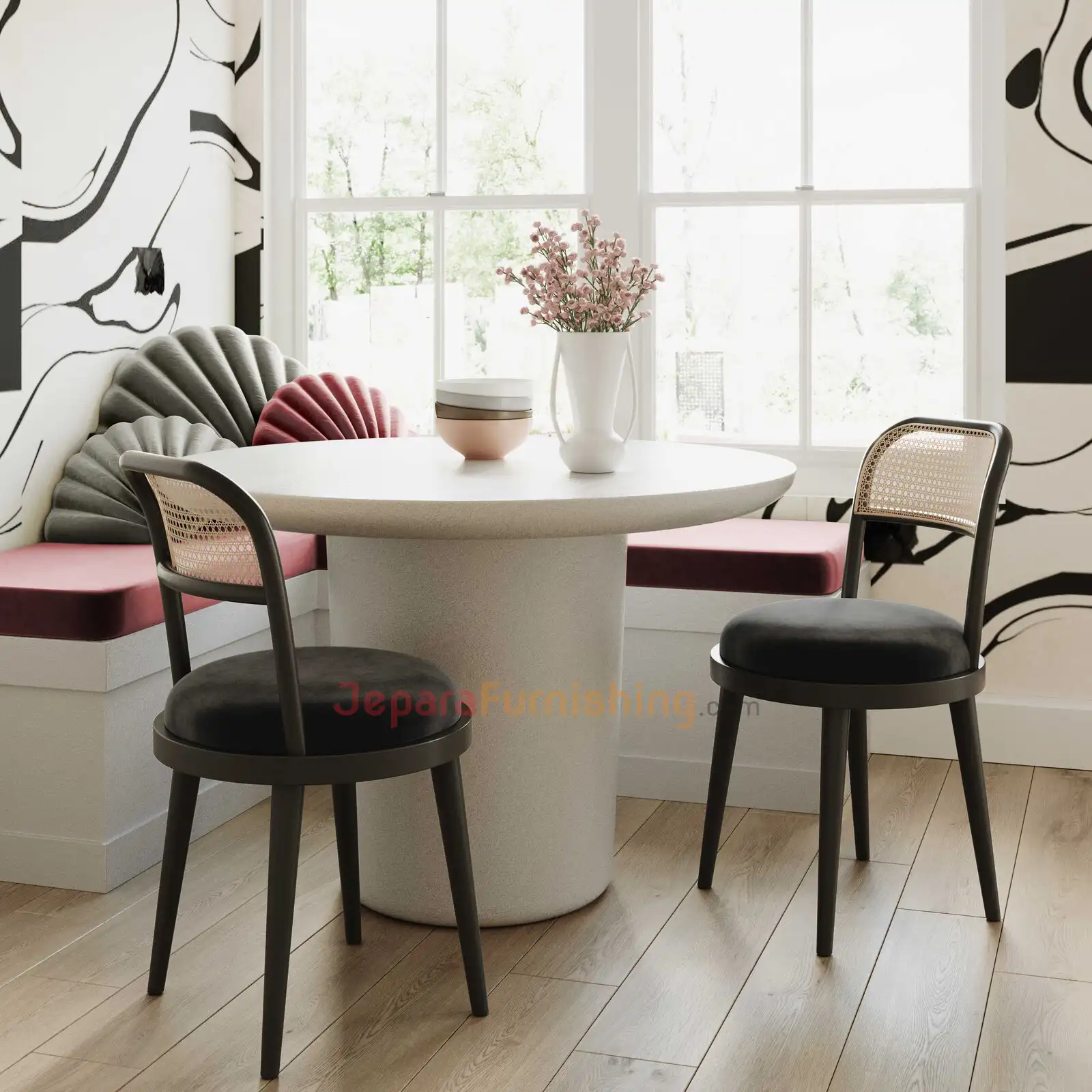 Set Kursi Makan Cafe - Modern Black Round Ladcer Minimalis