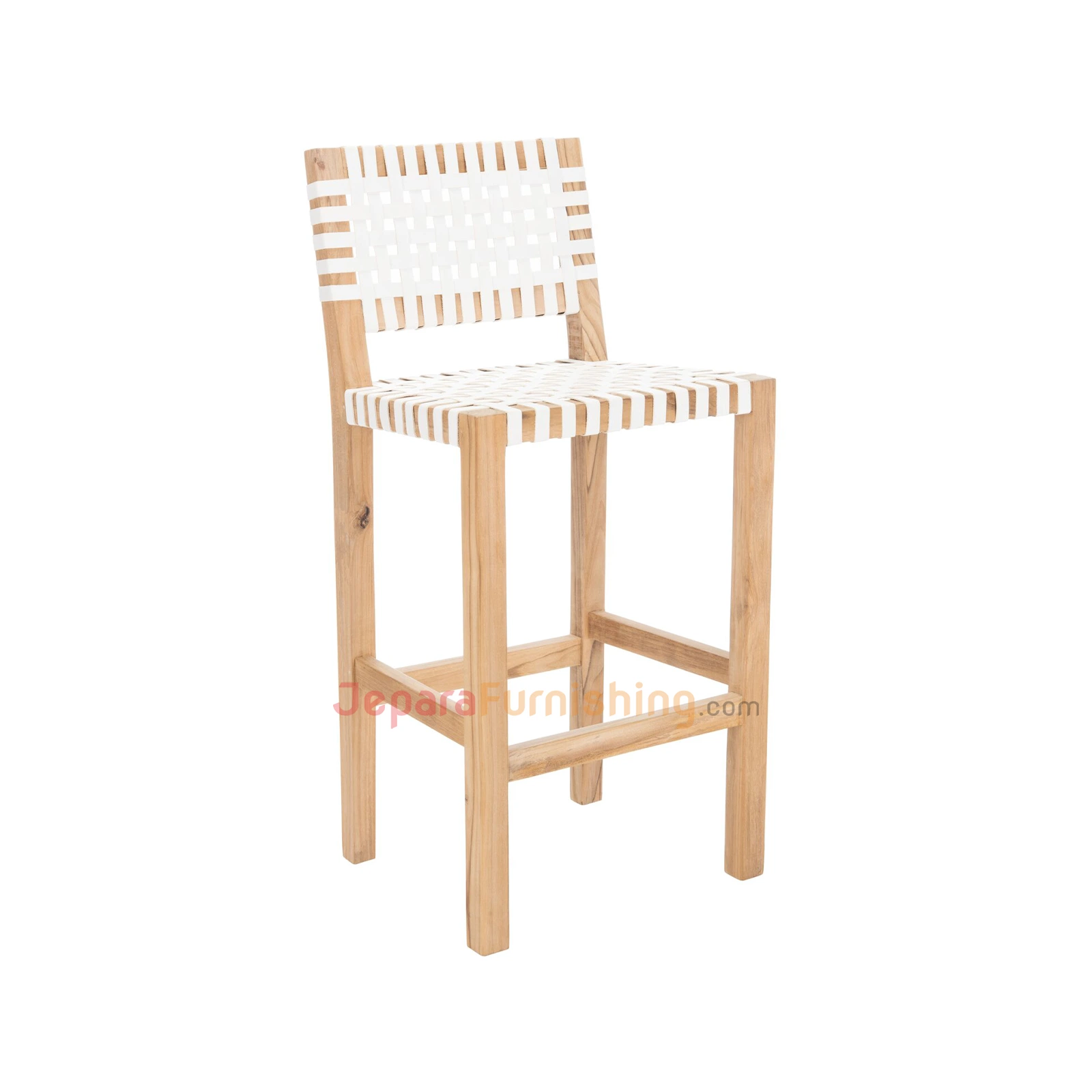 Bovar Natural & White Leather - Kursi Bar Kayu Minimalis