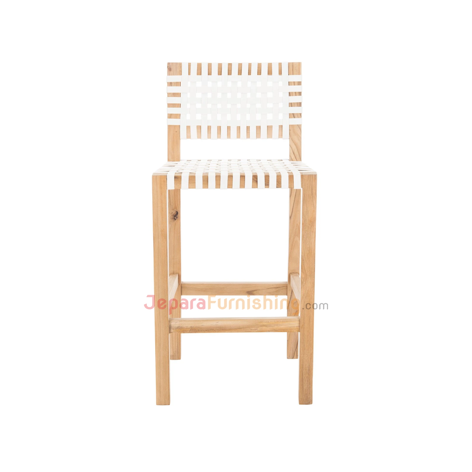 Bovar White Leather & Natural - Kursi Bar Kayu Minimalis