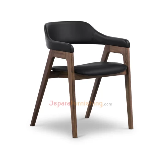 Furniture Jepara - JeparaFurnishing.com 110 Seres Walnut & Black Leather - Kursi Makan Minimalis Kayu Jati