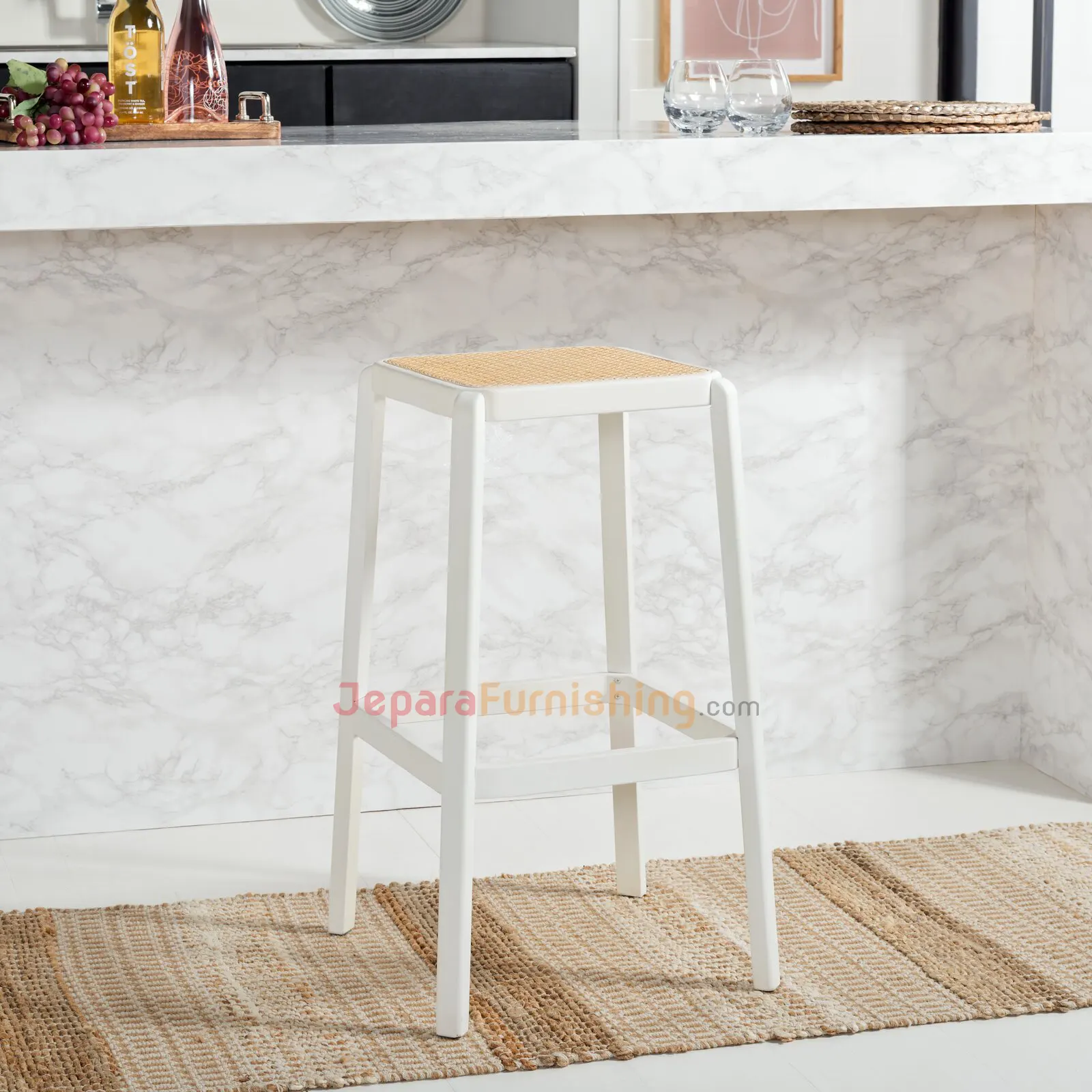 Teypo Rattan Bar Stool Minimalis - White & Natural (2)