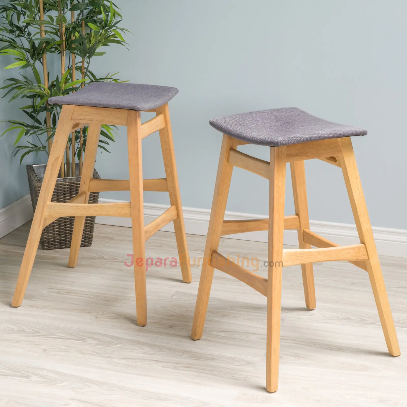 Canan Barstool Natural & Gray - Kursi Bar Minimalis Modern Kayu Jati