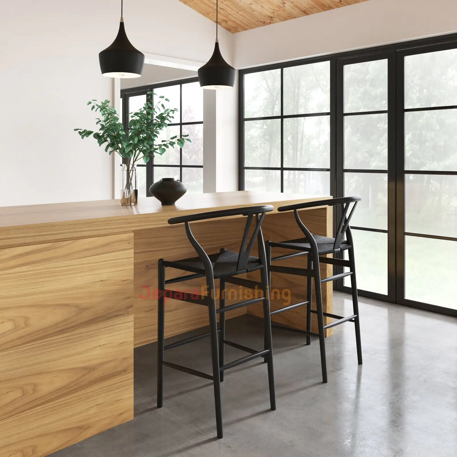 Relida Black Rattan (Hitam) - Kursi Bar Minimalis Modern Kayu Jati