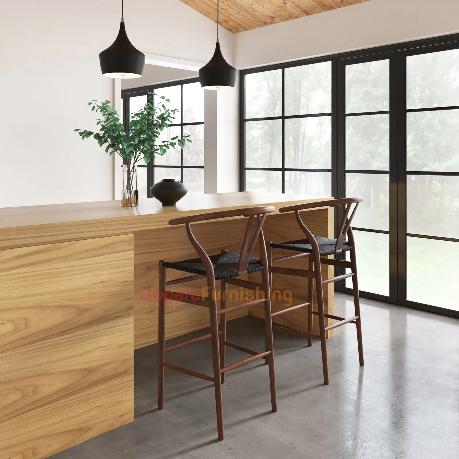 Relida Black Rattan (Walnut) - Kursi Bar Minimalis Modern Kayu Jati